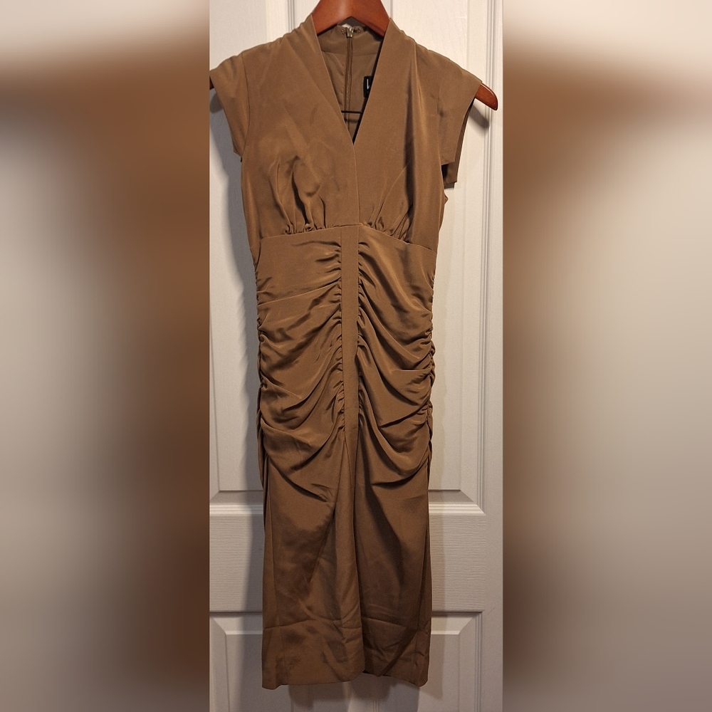 Nicole Miller Tan Brown  Ruched Midi Dress 0